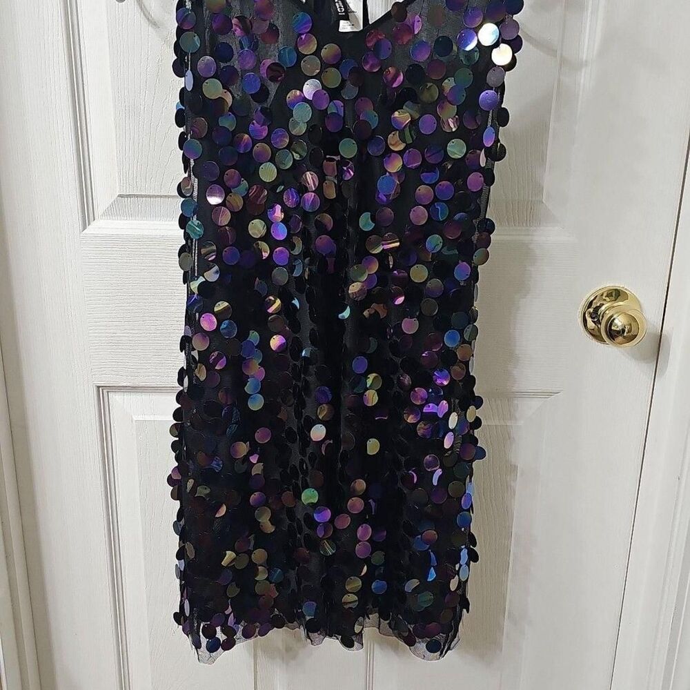 H&M Divided Black Mesh Mini Dress with Large Iridescent Purple Oil Slick Sequins